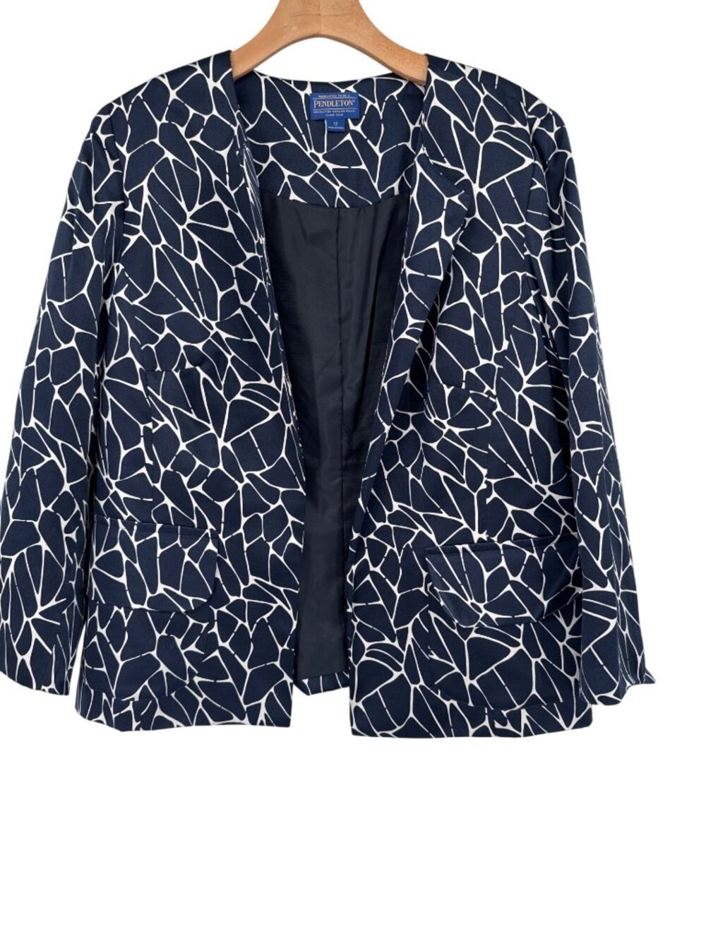 Pendleton Womens Navy Geometric Print Open Front Blazer Jacket Size 12 Silk